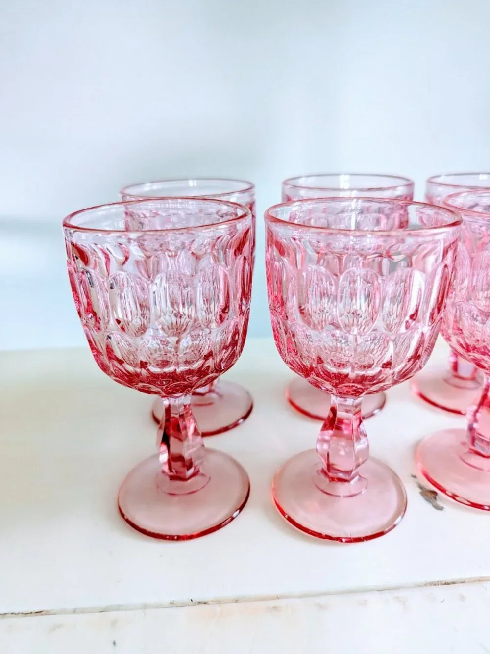VTG Set of 8 Fenton Colonial Pink Thumbprint Goblets 6.5